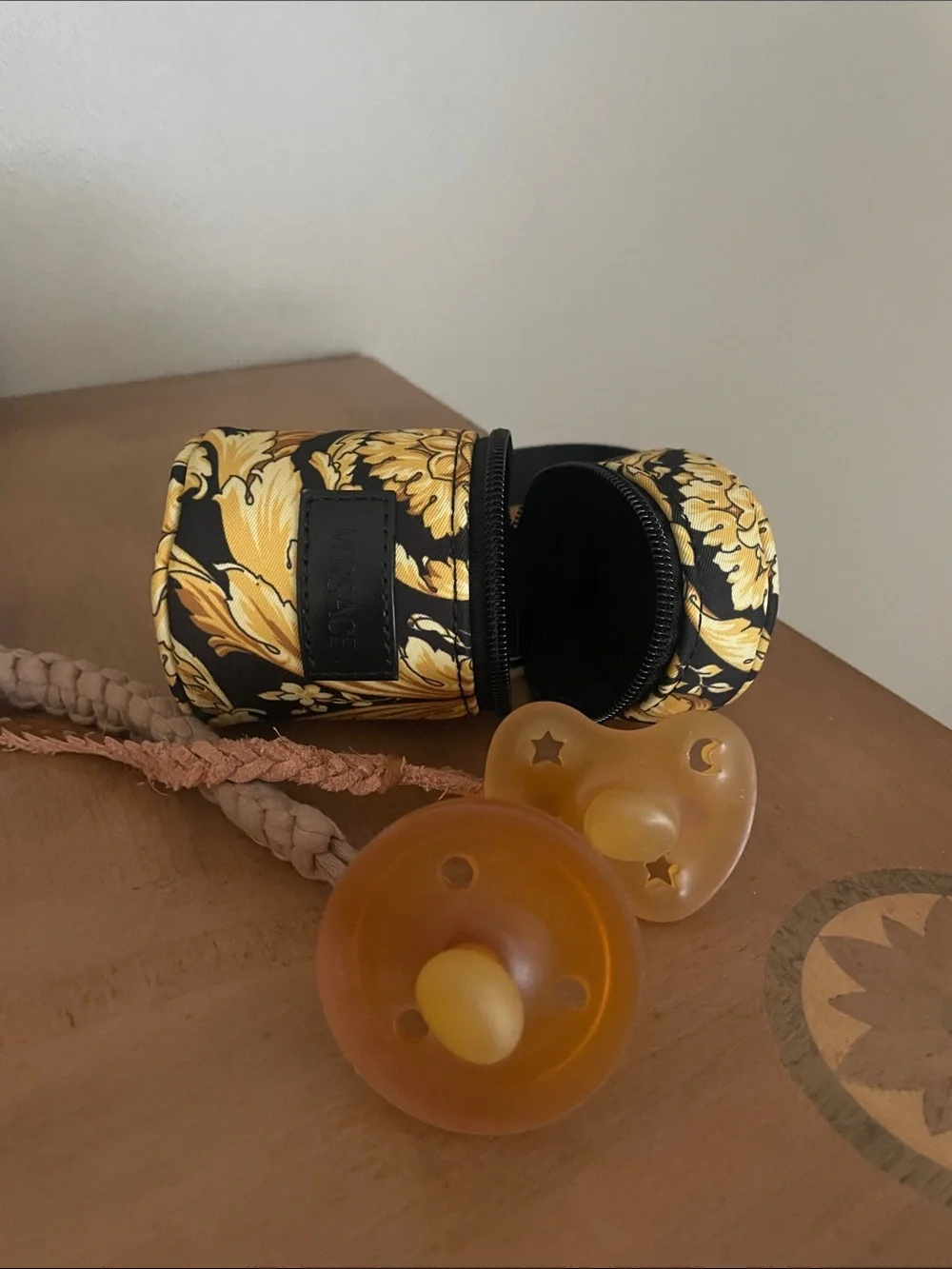 Versace Black & Gold Baroque Mini Zip Pacifier pouch